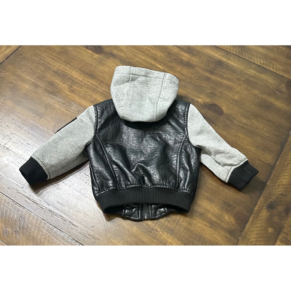 Urban Republic Toddler Boys Faux Leather Hooded Bomber Jacket Black Gray 18M - Picture 6 of 6